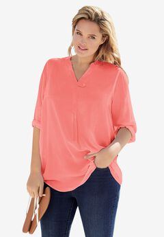 Rayon 7-Day Three-Quarter Sleeve Tab-Front Tunic