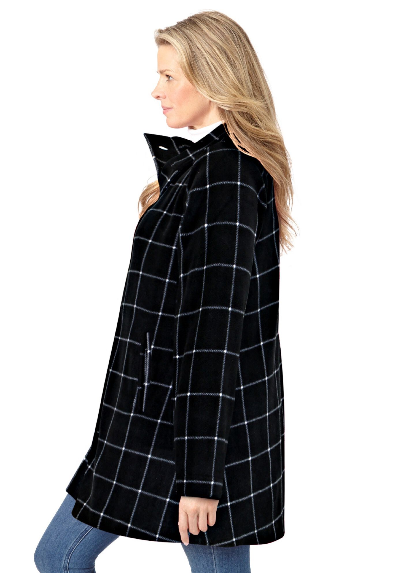 Fleece FunnelNeck Swing Coat Cozy Women's Jacket, Black Windowpane