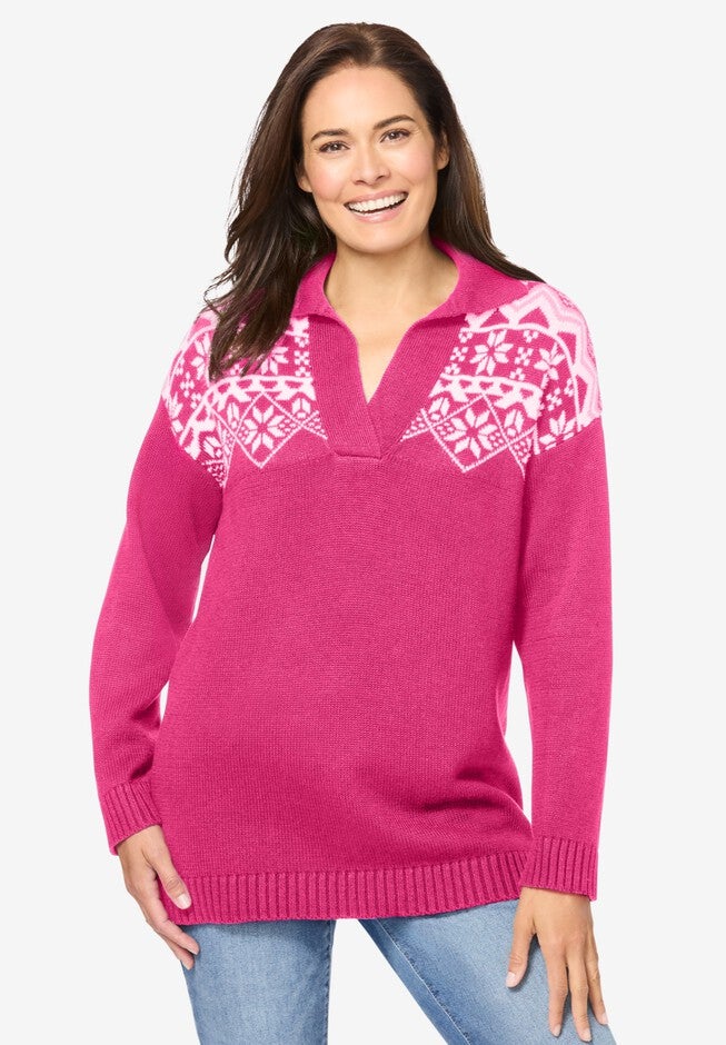 Pullover Fair Isle V-Neck Sweater, RASPBERRY SORBET FAIR ISLE, hi-res image number 0
