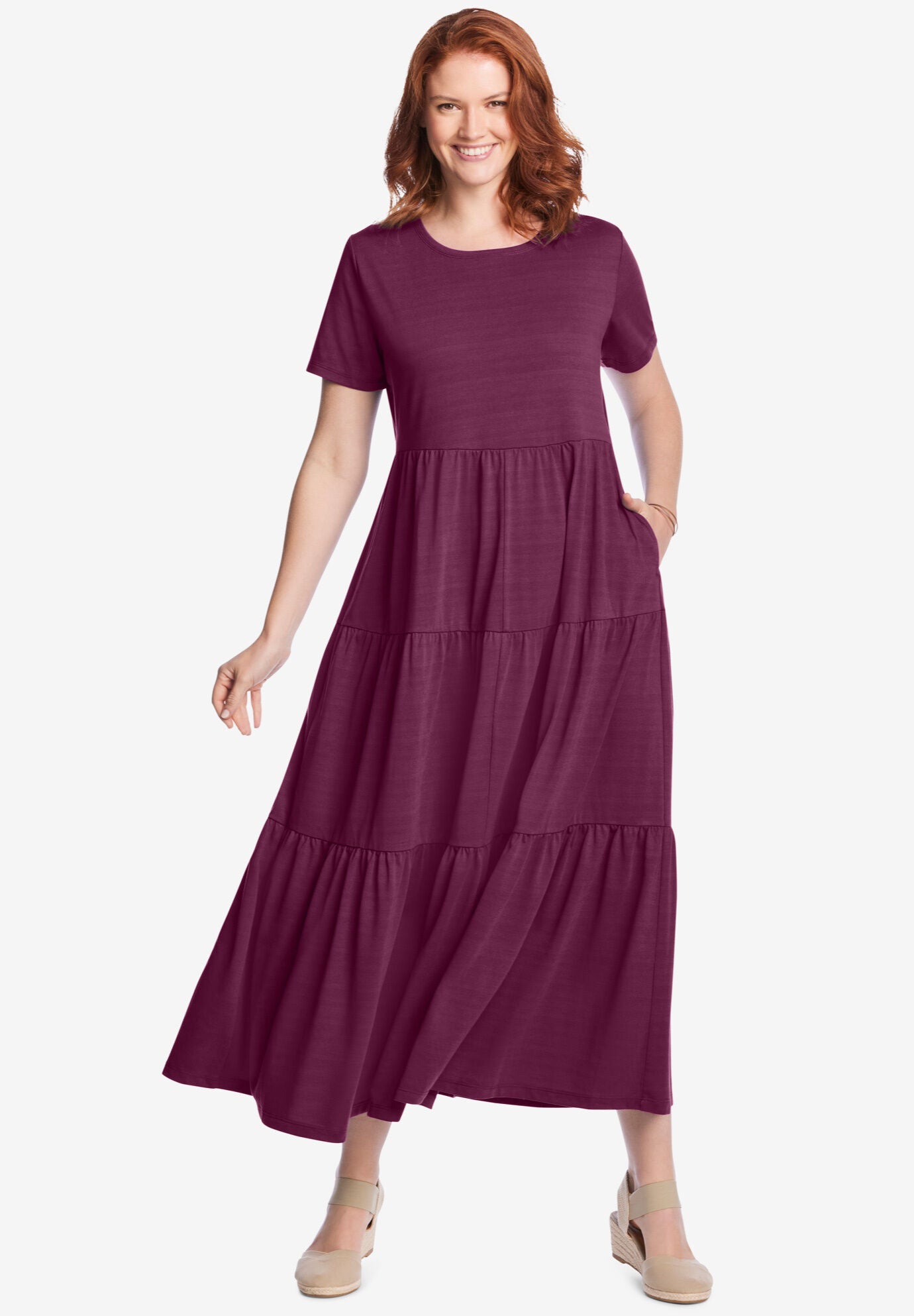 Women's  Square Neck Short Sleeve Tiered Dress - Off White - Plus main image 0