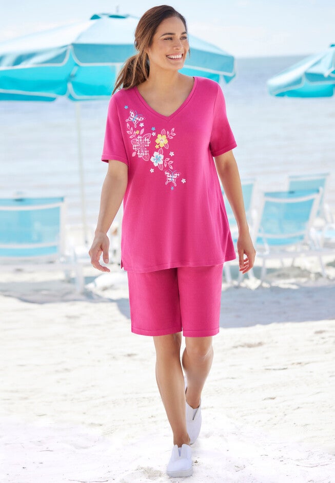 2-Piece V-Neck Tee & Short Set, , alternate image number null