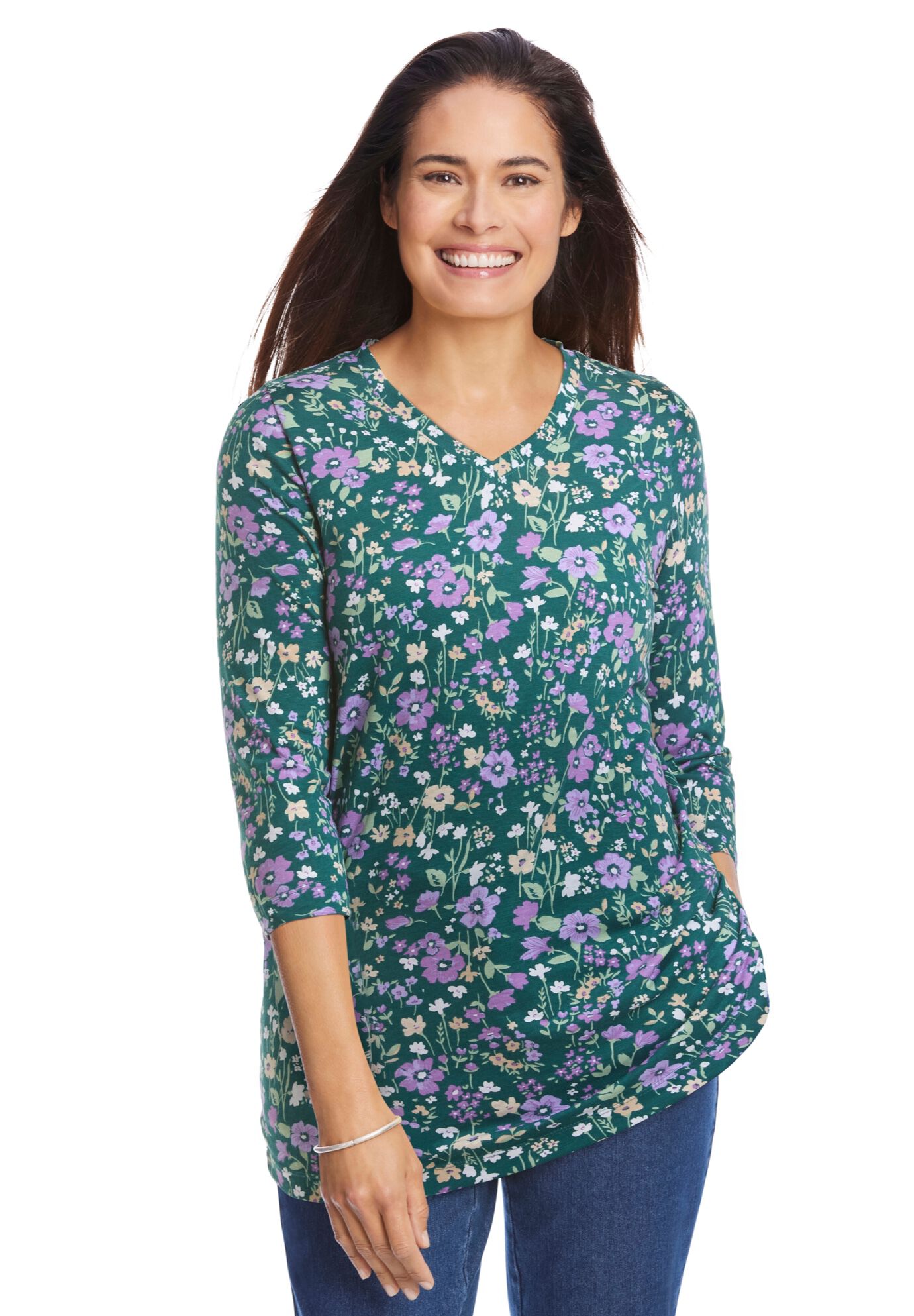 Woman Within Plus Size Perfect Printed Three-Quarter Sleeve V-Neck Tee - Picture 19 of 62