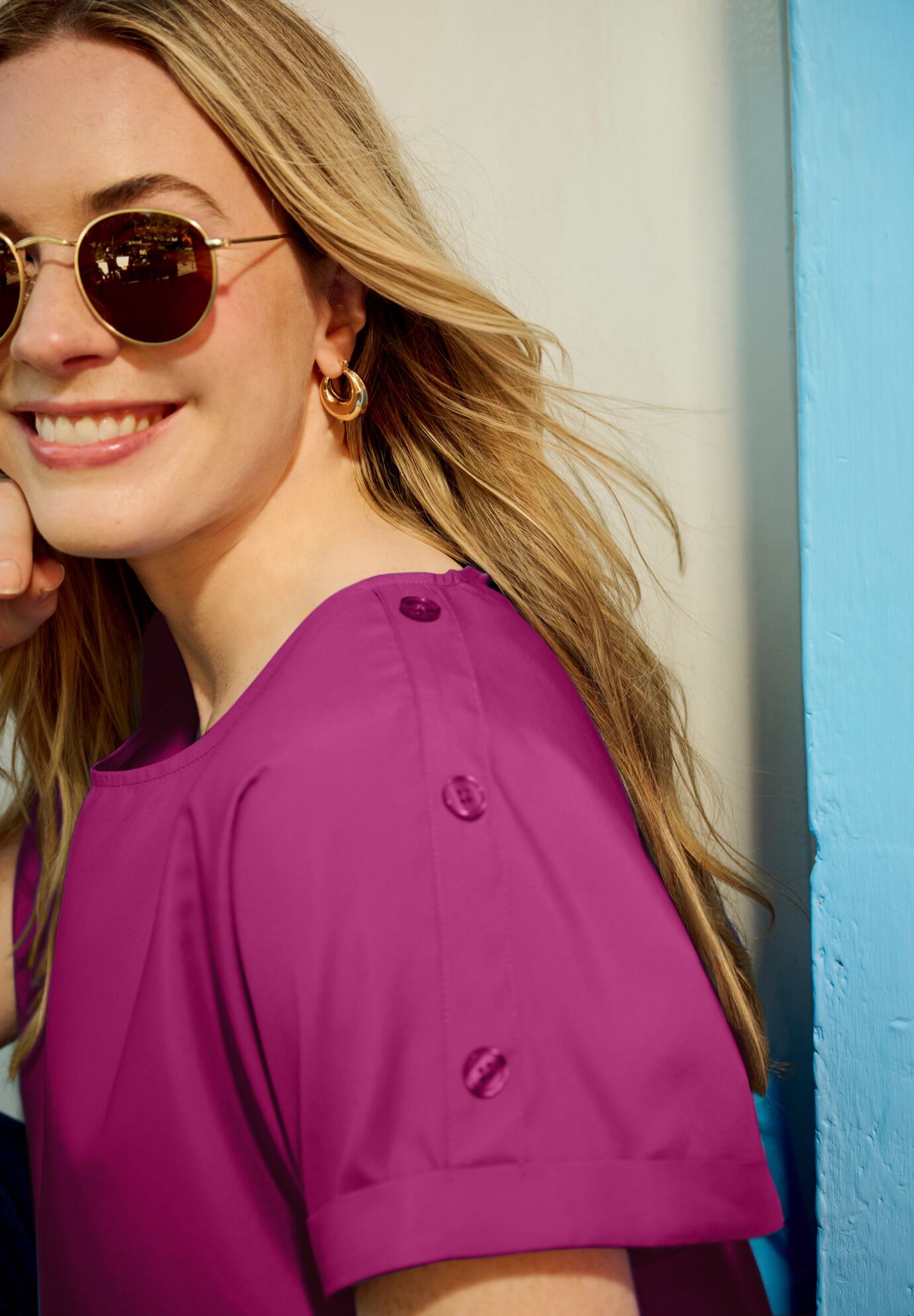 Short Sleeve Dolman Button Blouse, RASPBERRY, alternate image number 2