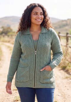 Marled Zip-Front Cable Knit Cardigan Sweater