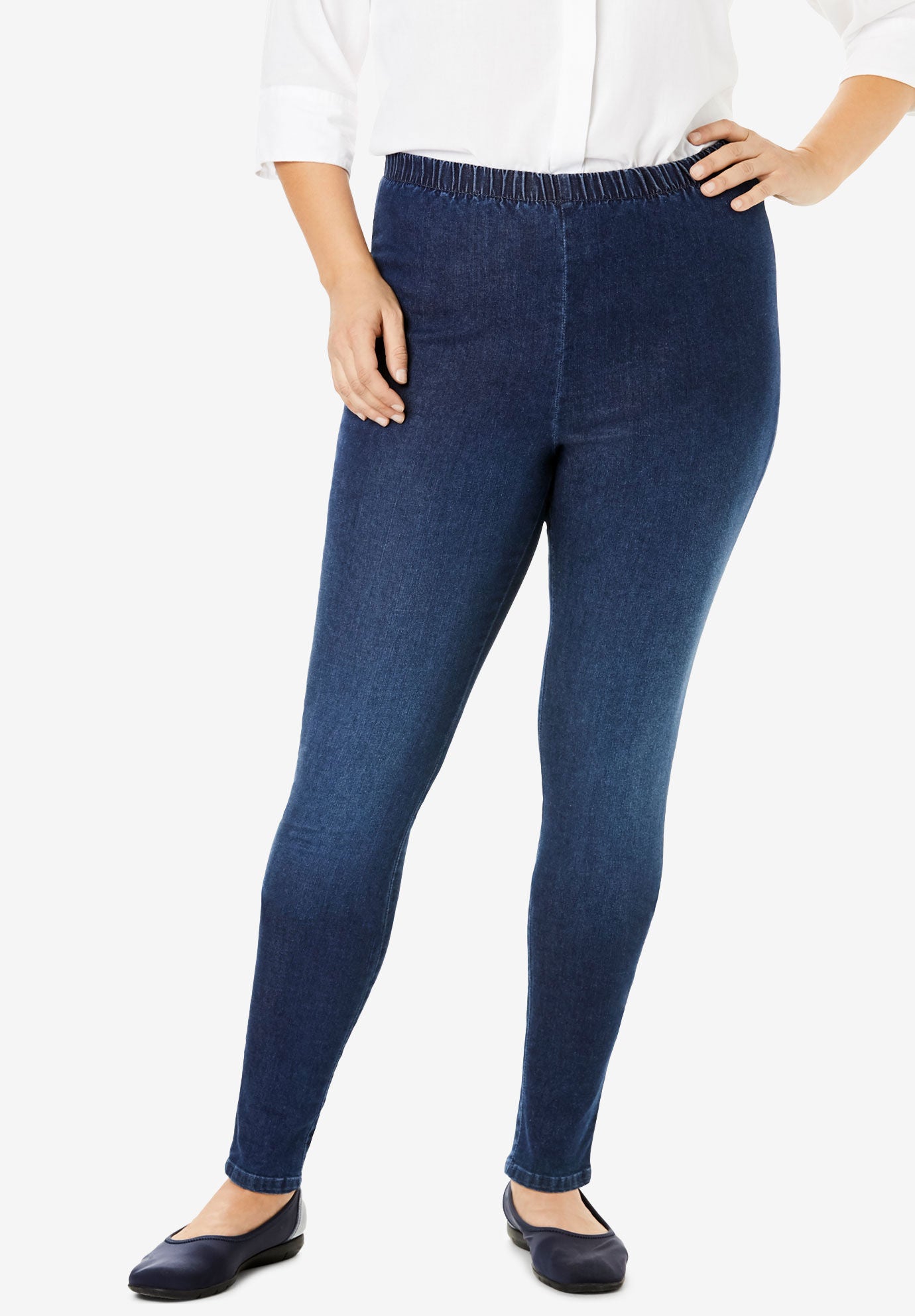 Pull-On Elastic-Waist Stretch Fineline Denim Jeans, STONEWASH SANDED, hi-res image number 0