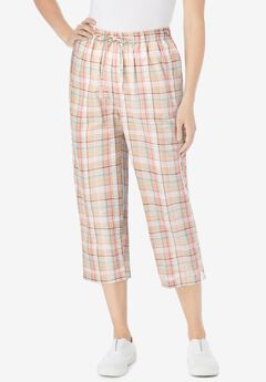 Seersucker Pull-On Elastic-Waist Capri Pants