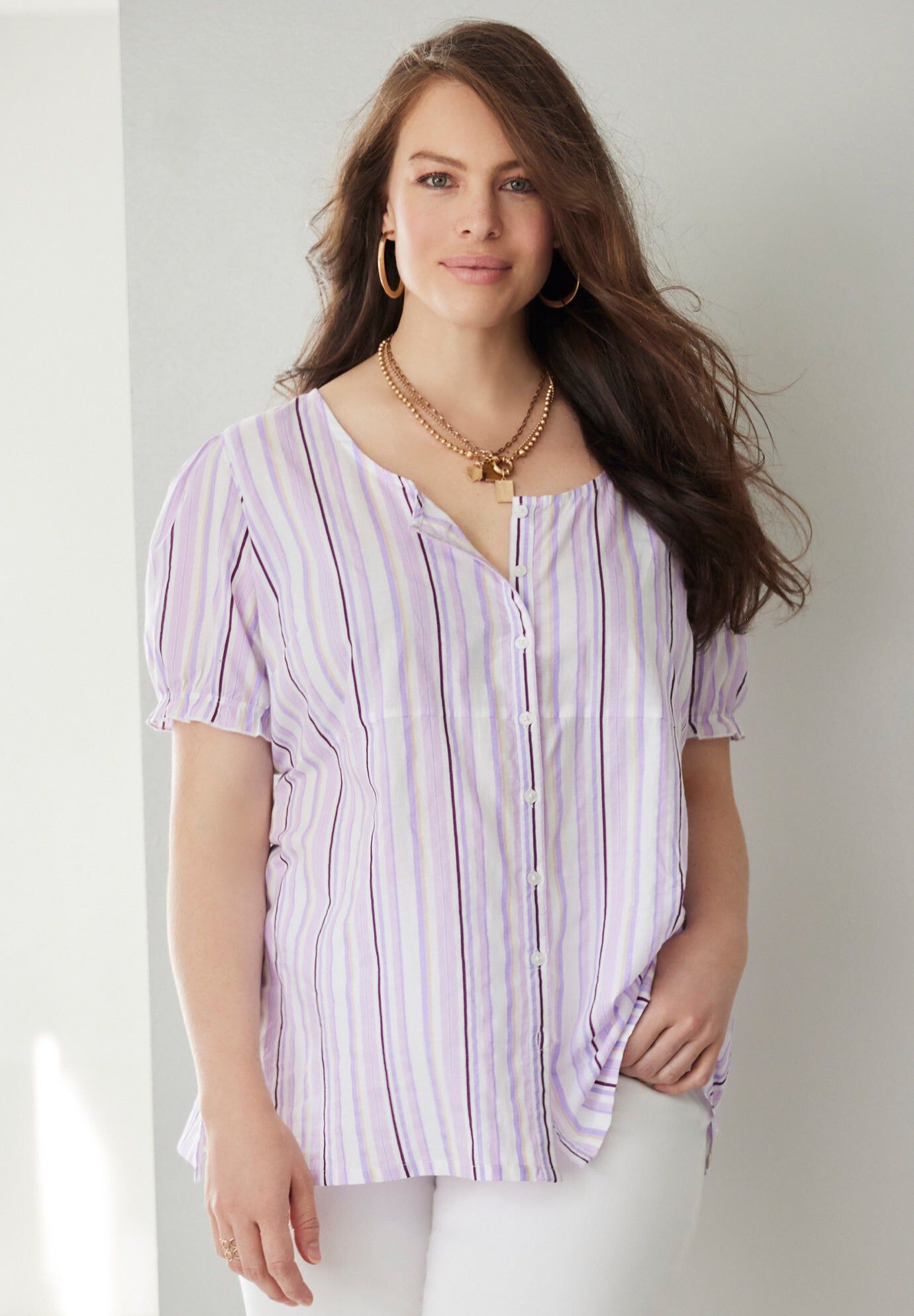Button-Front Tunic, SOFT IRIS MULTI STRIPE, hi-res image number 0