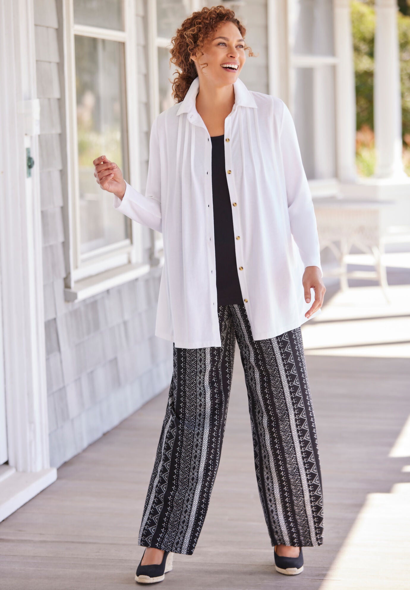 Pintucked Button-Front Tunic, , alternate image number 3