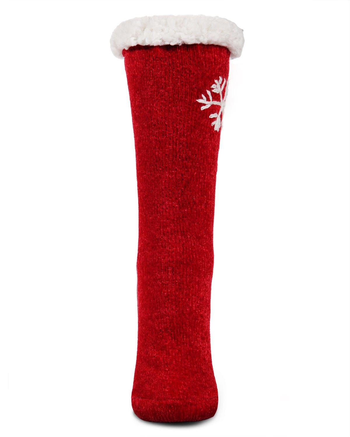 Women's Sweet Snowflake Tufted Top Plush Lined Slippers Socks, RED, alternate image number 1