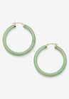 10K Yellow Gold Hoop Earrings (45Mm) Round Genuine Green Jade, , on-hover image number null