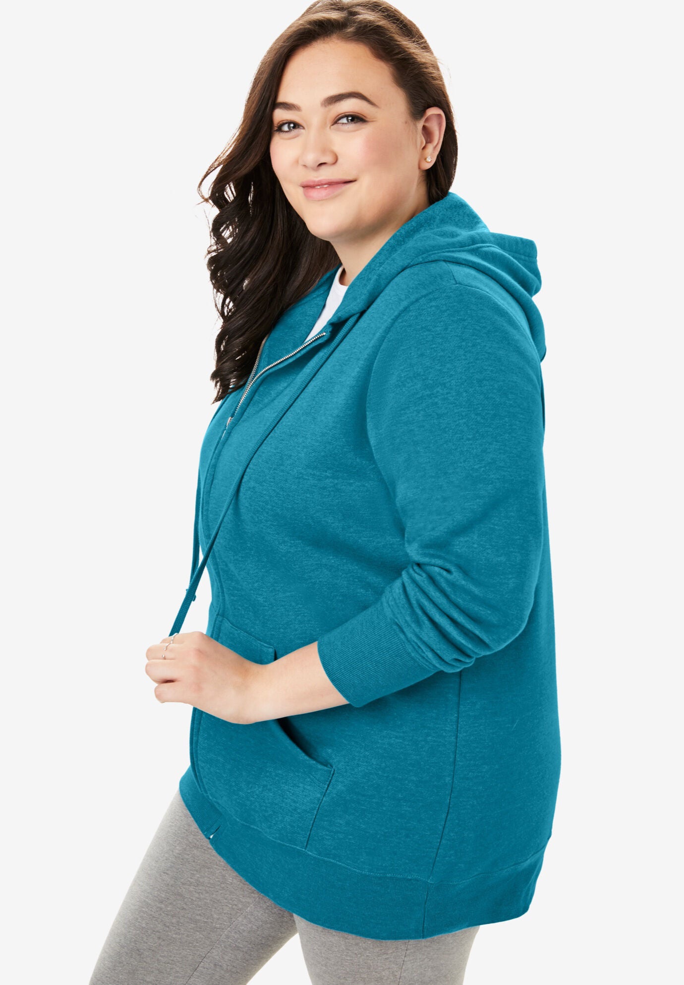 Fleece Hoodie for Women Zip Front Style Medium Heather Grey Woman Within