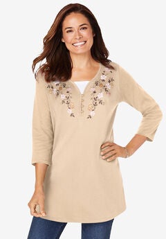 7-Day Layered-Look Embroidered Henley Tunic