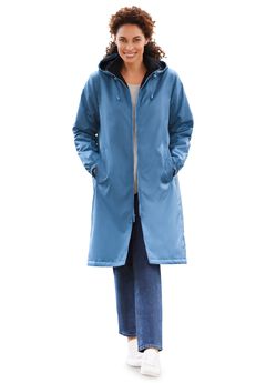 Mid-Length Fleece-Lined Raincoat with Zip-Off Hood