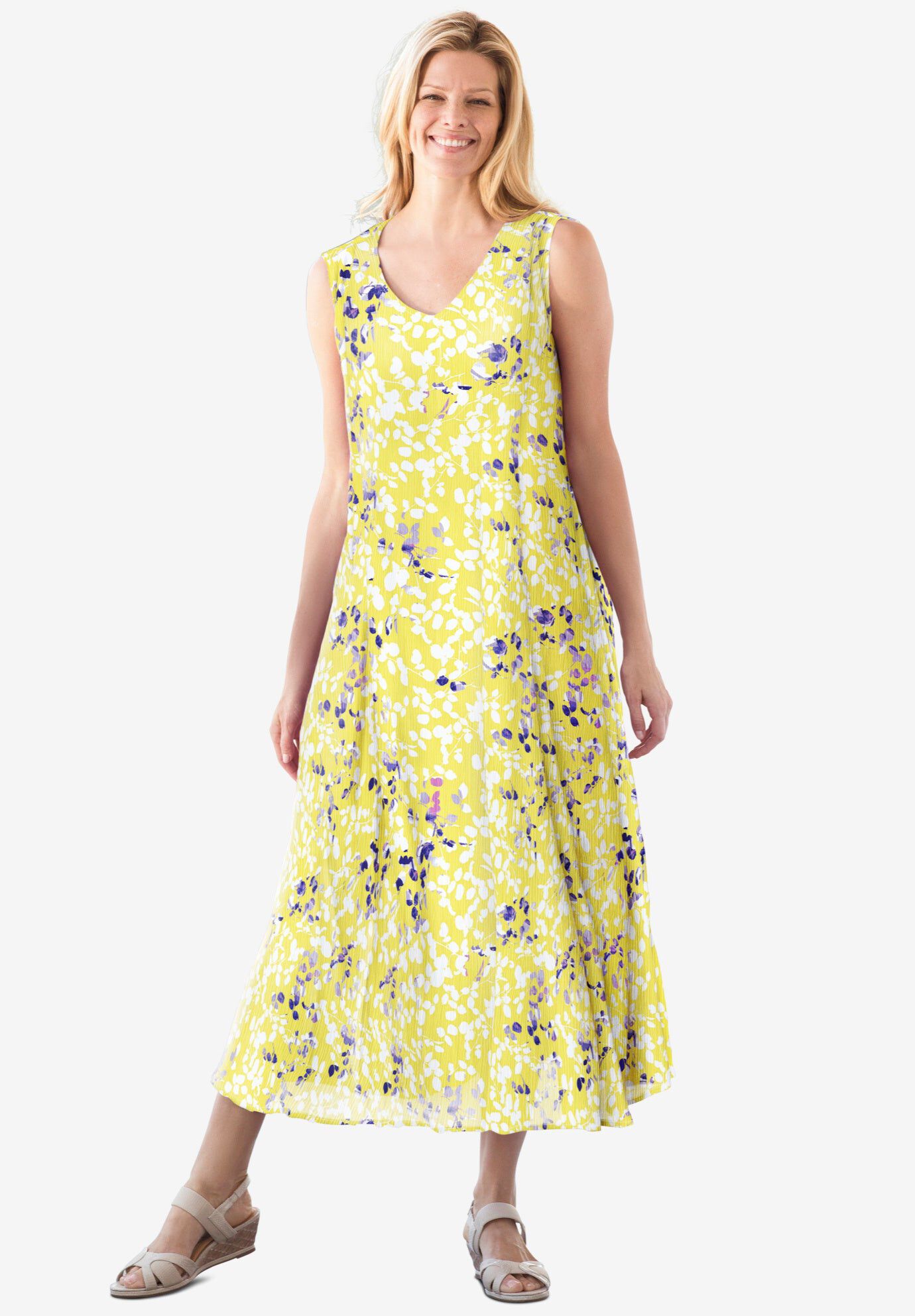 Sleeveless Crinkle Dress, PRIMROSE YELLOW LEAF, hi-res image number 0