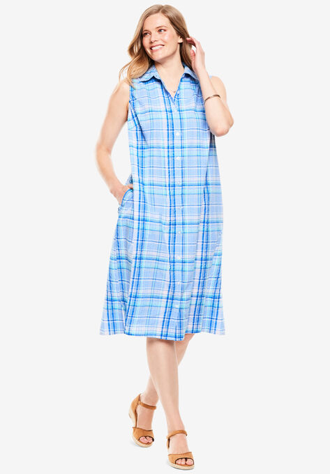 Sleeveless Seersucker Shirtdress, FRENCH BLUE PLAID, hi-res image number null