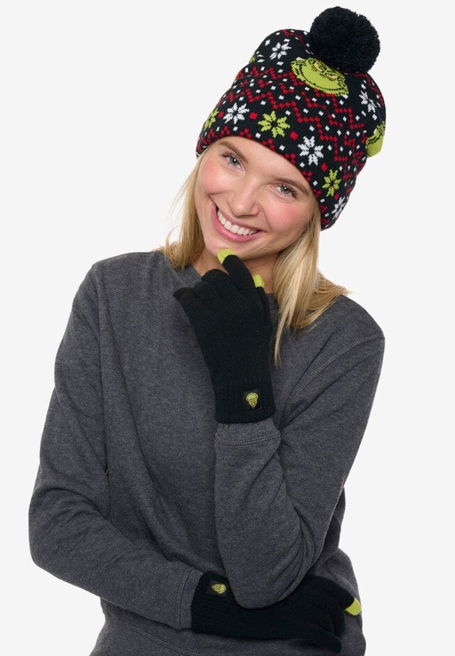 Women's Dr Seuss Grinch Knit Beanie Hat & Touch Screen Gloves Christmas, BLACK, alternate image number 3