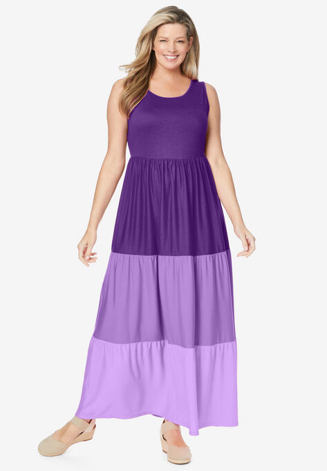 Color Block Tiered Dress, PURPLE ORCHID COLORBLOCK, hi-res image number null