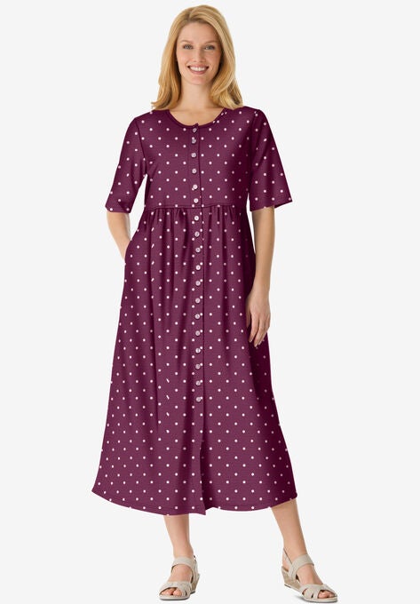 Button-Front Essential Dress, DEEP CLARET POLKA DOT, hi-res image number null