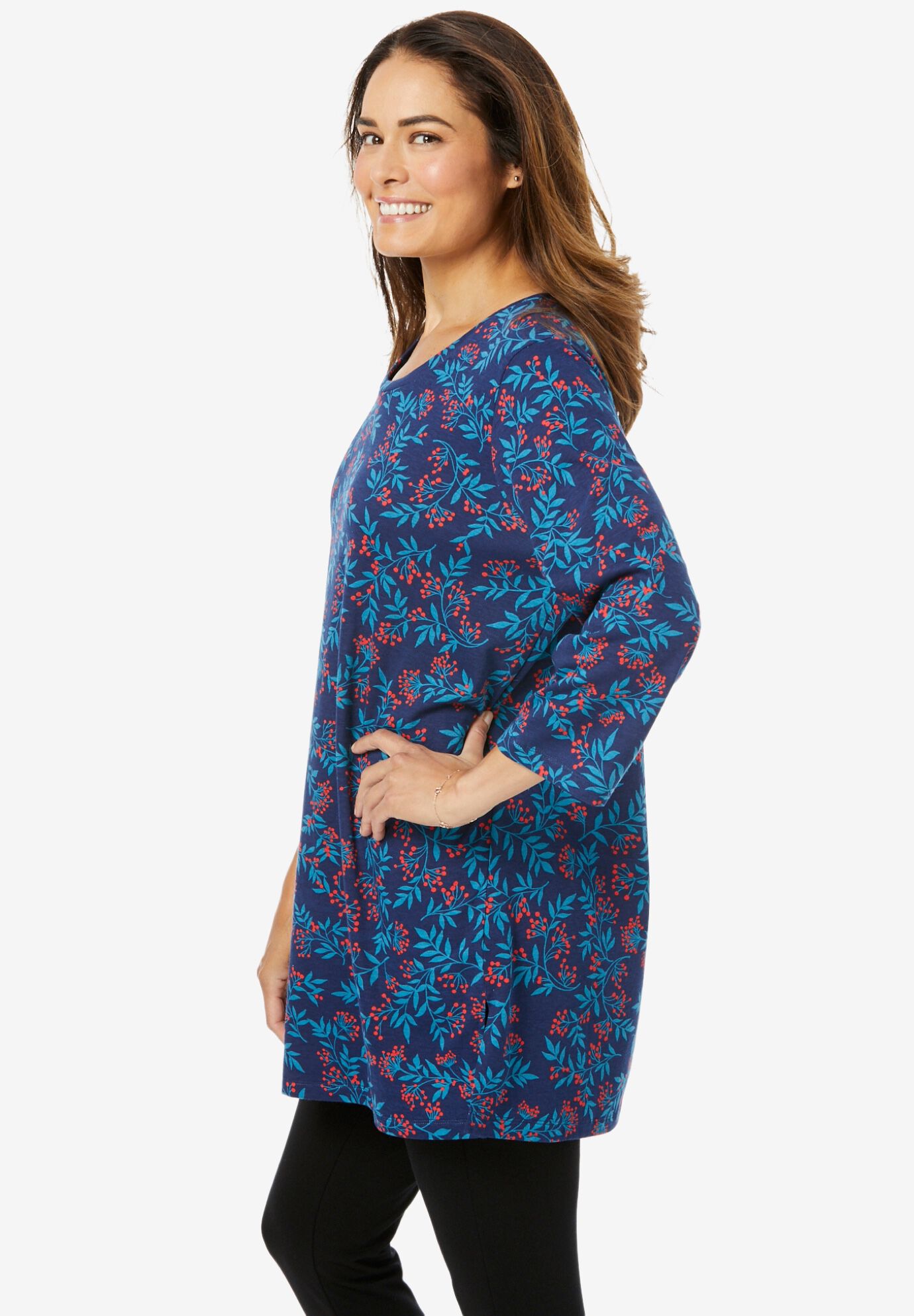 Woman Within Womens Plus Size Perfect Printed Three-Quarter Sleeve Tunic