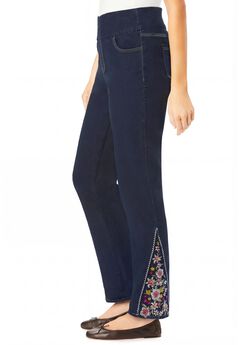 Smooth Waist Pull-On Flex Fit Straight-Leg Stretch Denim Jeans