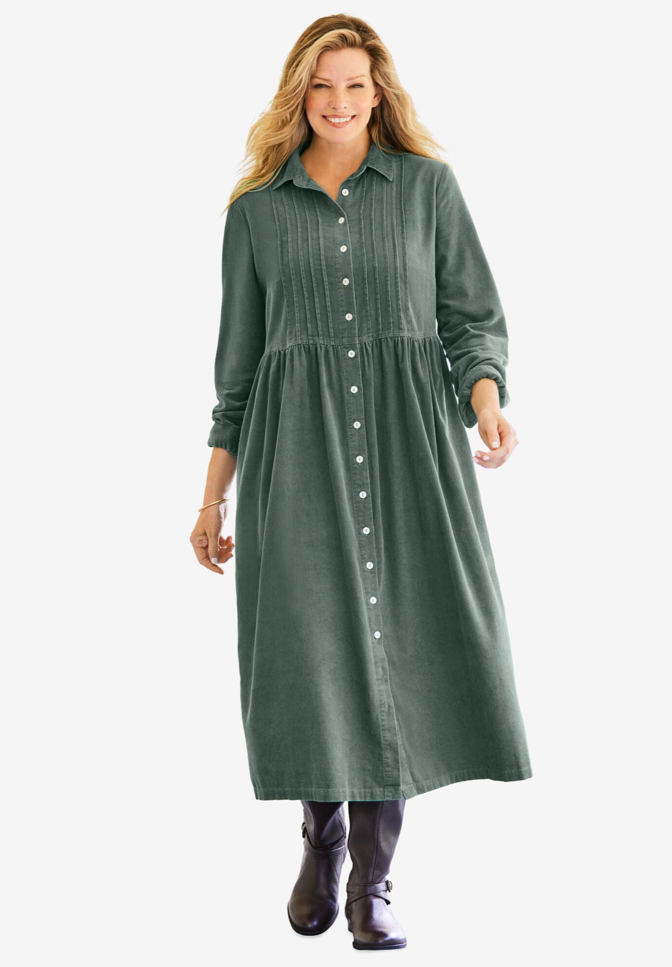 Plus Size Button Front Corduroy Dress, Pine Woman Within