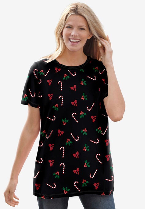 Perfect Printed Short-Sleeve Crewneck Tee, BLACK MISTLETOE, hi-res image number null