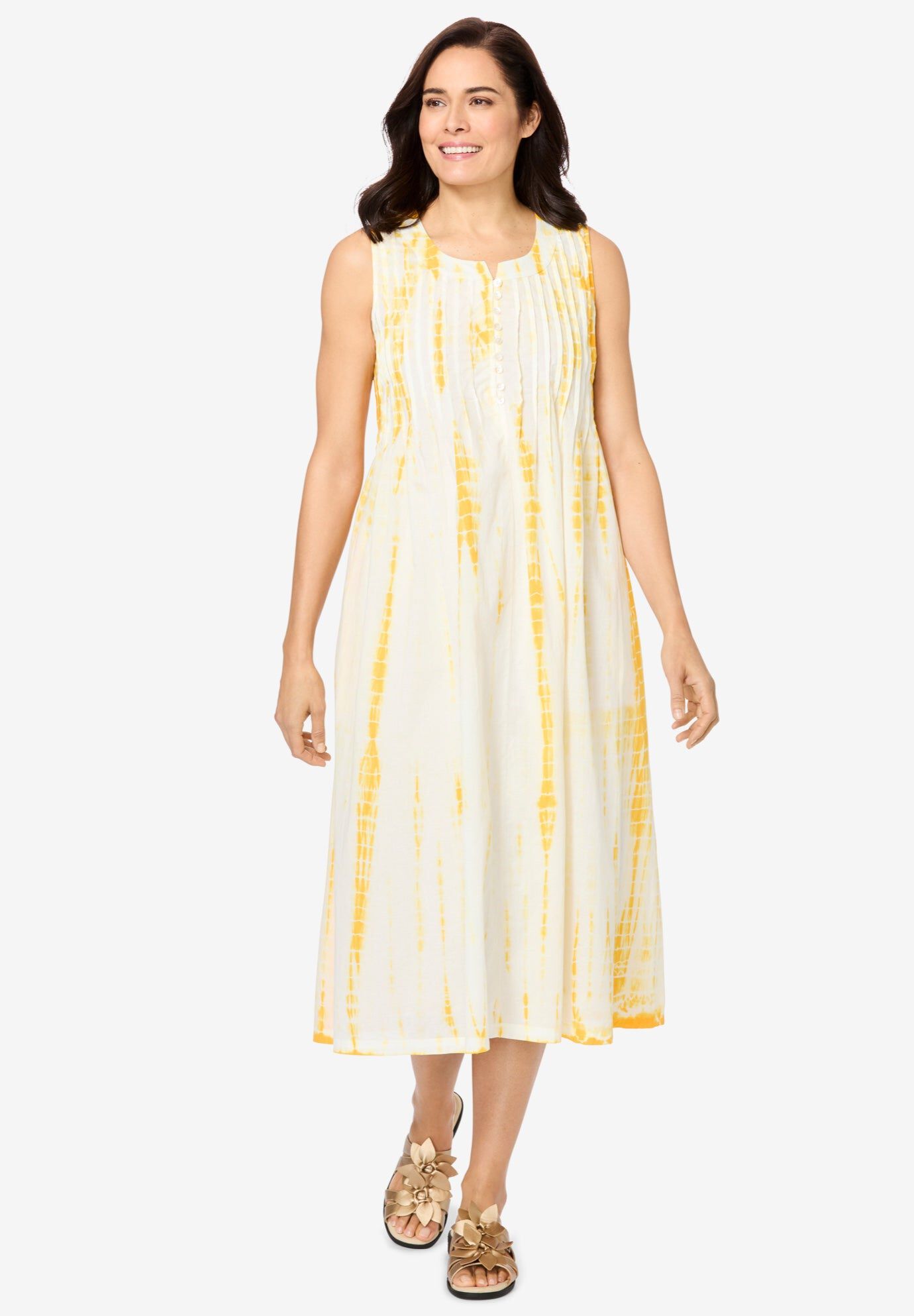 Sleeveless Pintuck Tie-Dye Dress, BRIGHT GOLD TIE DYE, hi-res image number 0