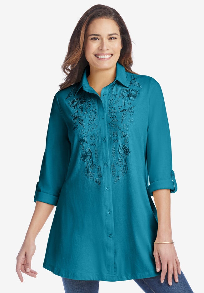 Snap Button Tunic Button-Front Embroidered Tunic | Woman Within