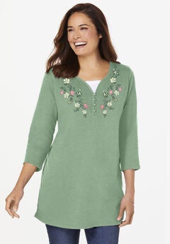 7-Day Layered-Look Embroidered Henley Tunic