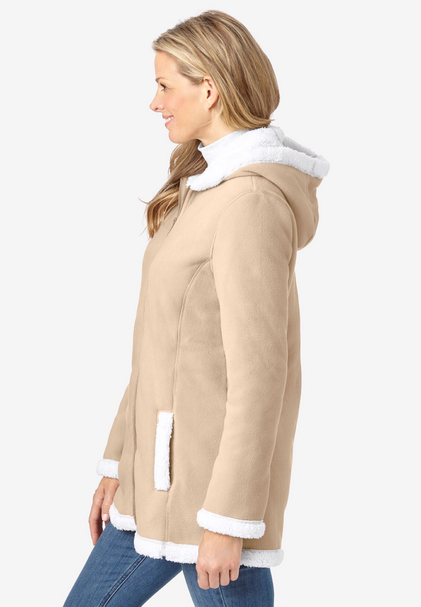 Sherpa Lined Jacket with Hood Totes Beige White Woman Within