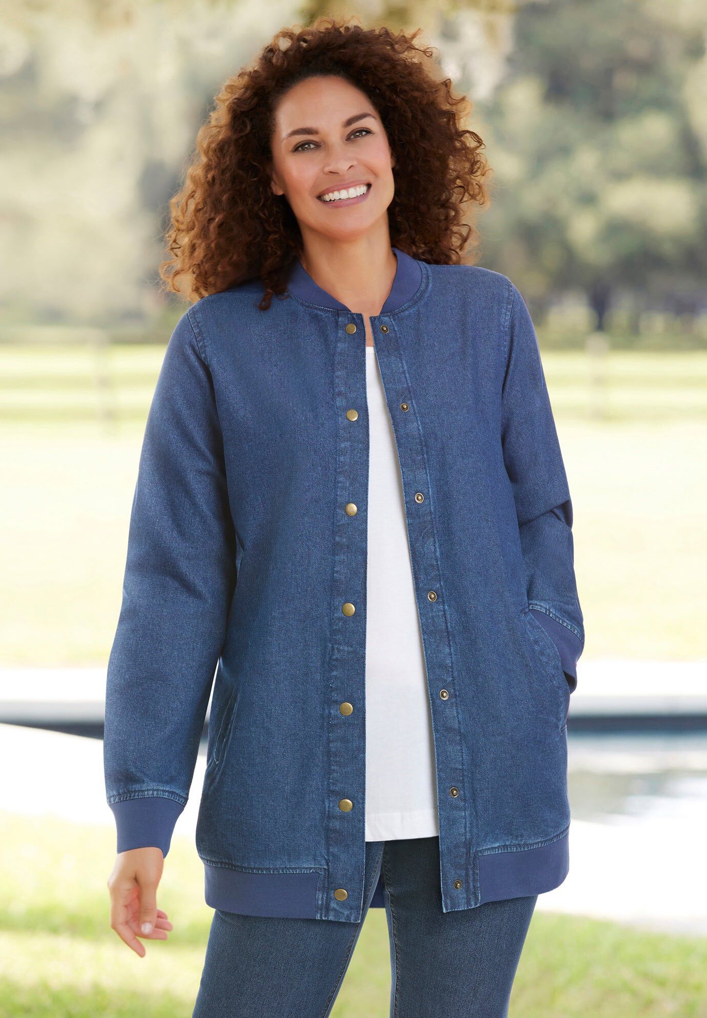 Denim Baseball Jacket, MEDIUM STONEWASH, hi-res image number 0