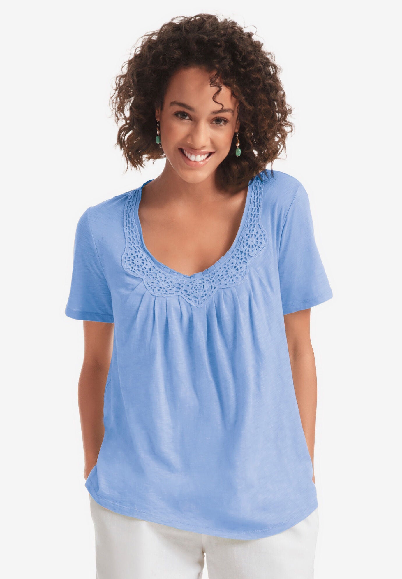 CrochetTrim Knit Top Feminine Design, French Blue Woman Within