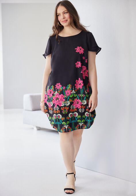 Short Sleeve Floral Dress, BLACK FALLING FLORAL, hi-res image number null