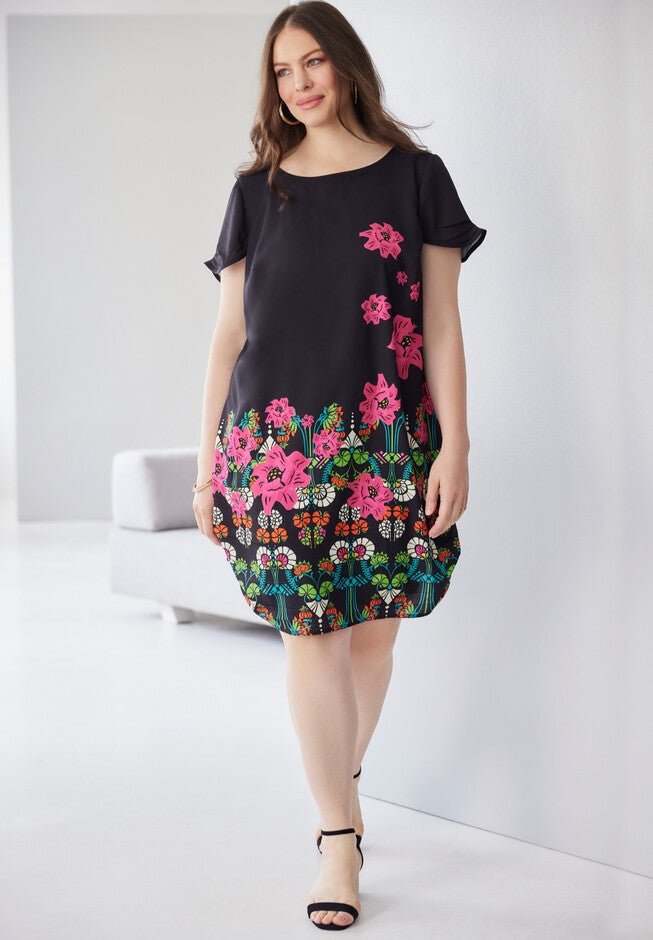 Short Sleeve Floral Dress, BLACK FALLING FLORAL, hi-res image number 0