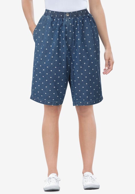 Elastic-Waist Cotton Short, MEDIUM STONEWASH POLKA DOT, hi-res image number null