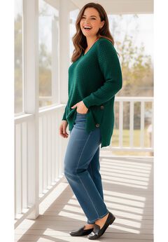 Side Button V-Neck Waffle Knit Sweater