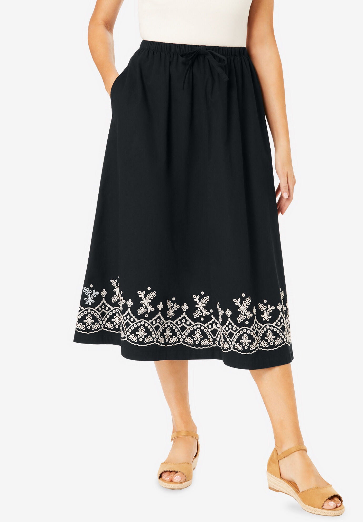 Drawstring Denim Skirt - A-line, Full Elastic Waist, Stonewash | Woman ...