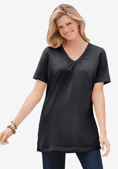 Perfect Short-Sleeve Shirred V-Neck Tunic