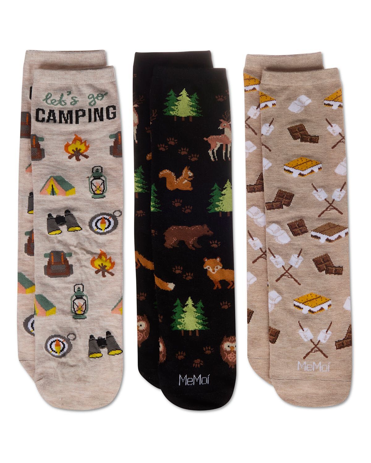 3 Pair "Let's Go Camping" Rayon-Blend Novelty Crew Socks Gift Set, BROWN MULTI, alternate image number 2