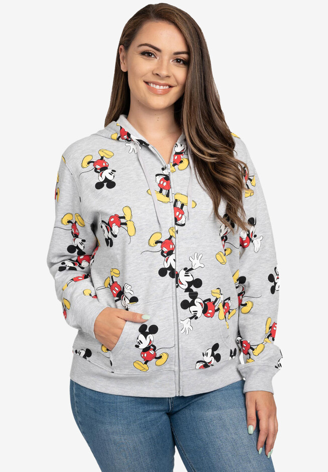 Women's Plus Size Disney Mickey Mouse Zip Hoodie All-Over Print
