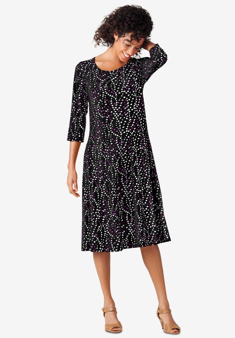 Three Quarter Sleeve A-line Dress, BLACK BERRY PINK DOT, hi-res image number null