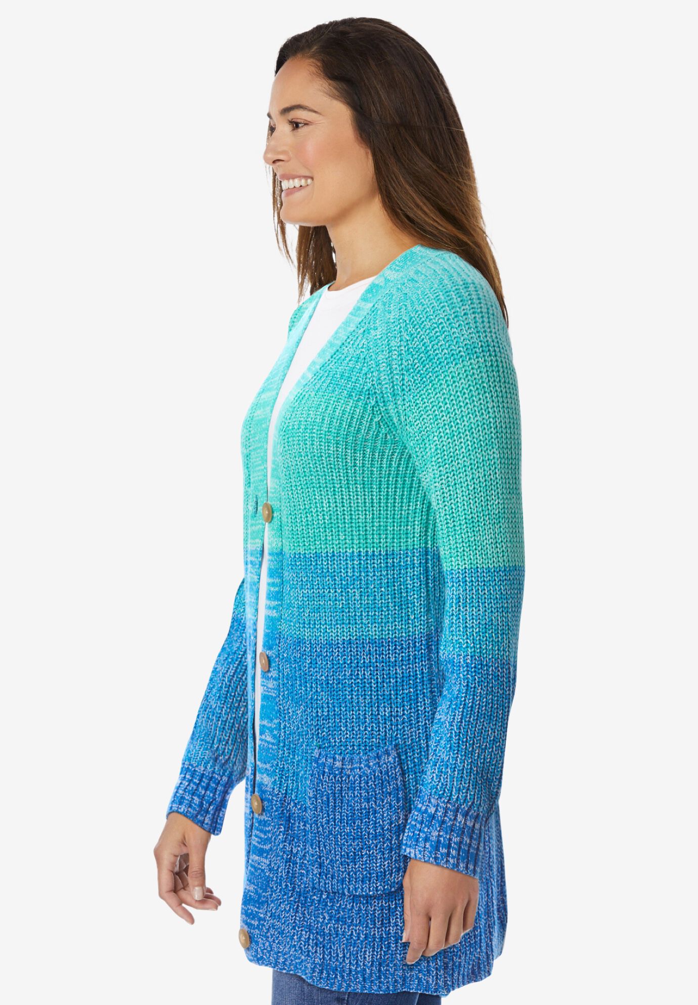 Woman Within Women s Plus Size Ombre Shaker Cardigan 1X Khaki Ombre