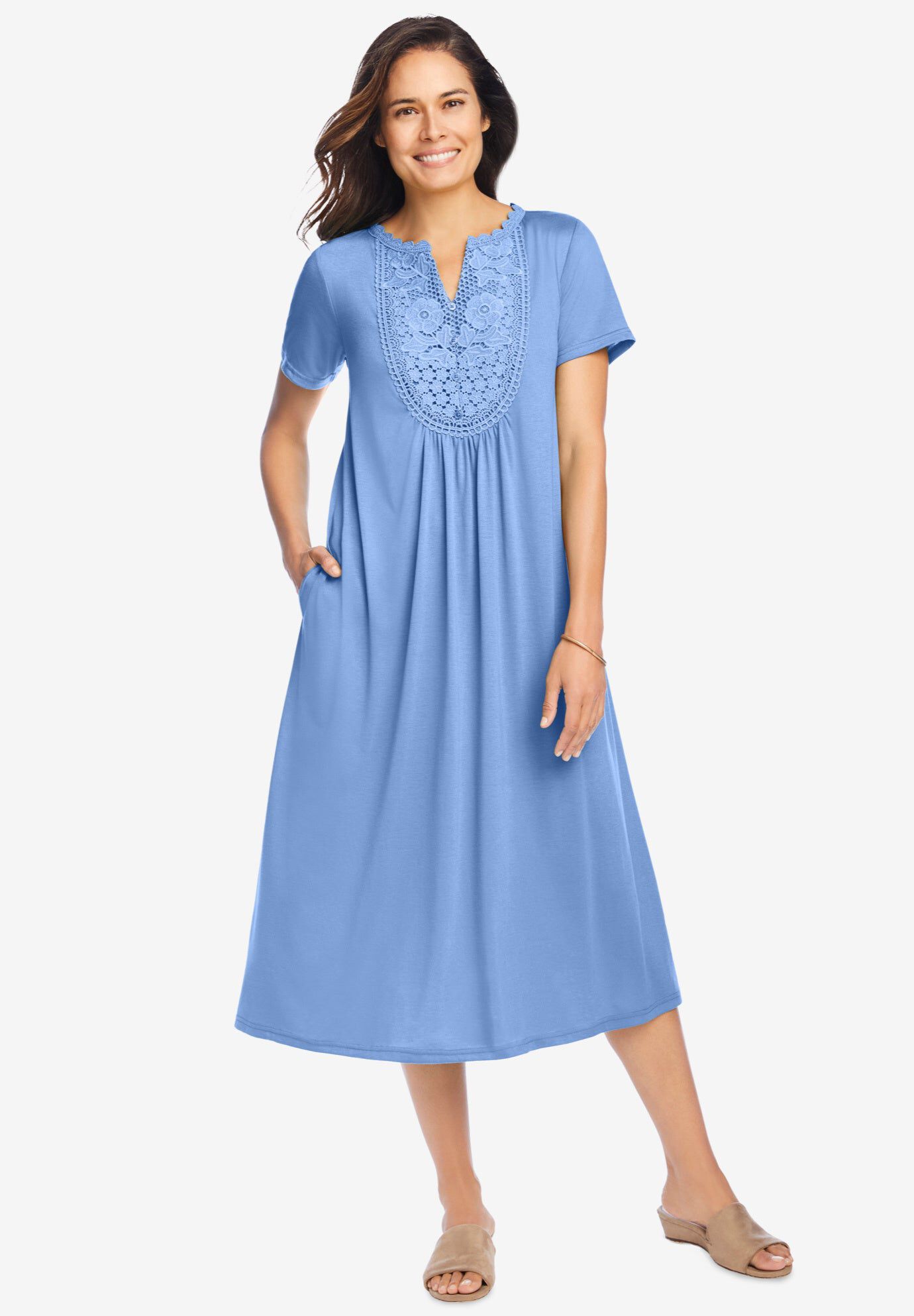 Embroidered Lace Bib Knit Dress, FRENCH BLUE, hi-res image number 0