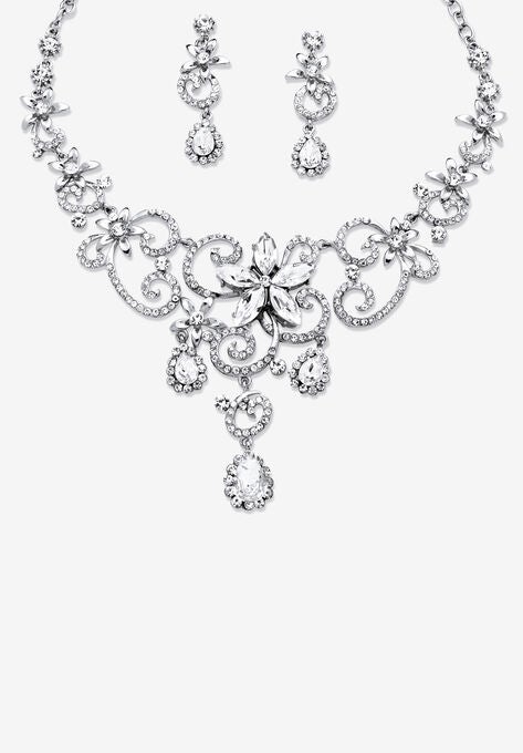 Silver Tone Swirl and Flower Bib Necklace and Bracelet Set, Crystal, SILVER, hi-res image number null