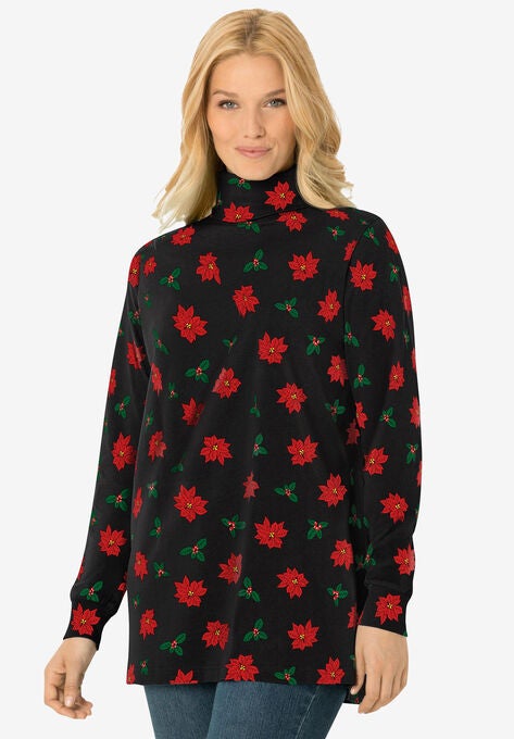 Perfect Printed Long-Sleeve Turtleneck Tee, BLACK POINSETTIA, hi-res image number null