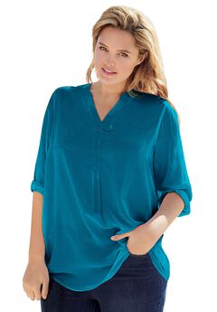 Rayon 7-Day Three-Quarter Sleeve Tab-Front Tunic