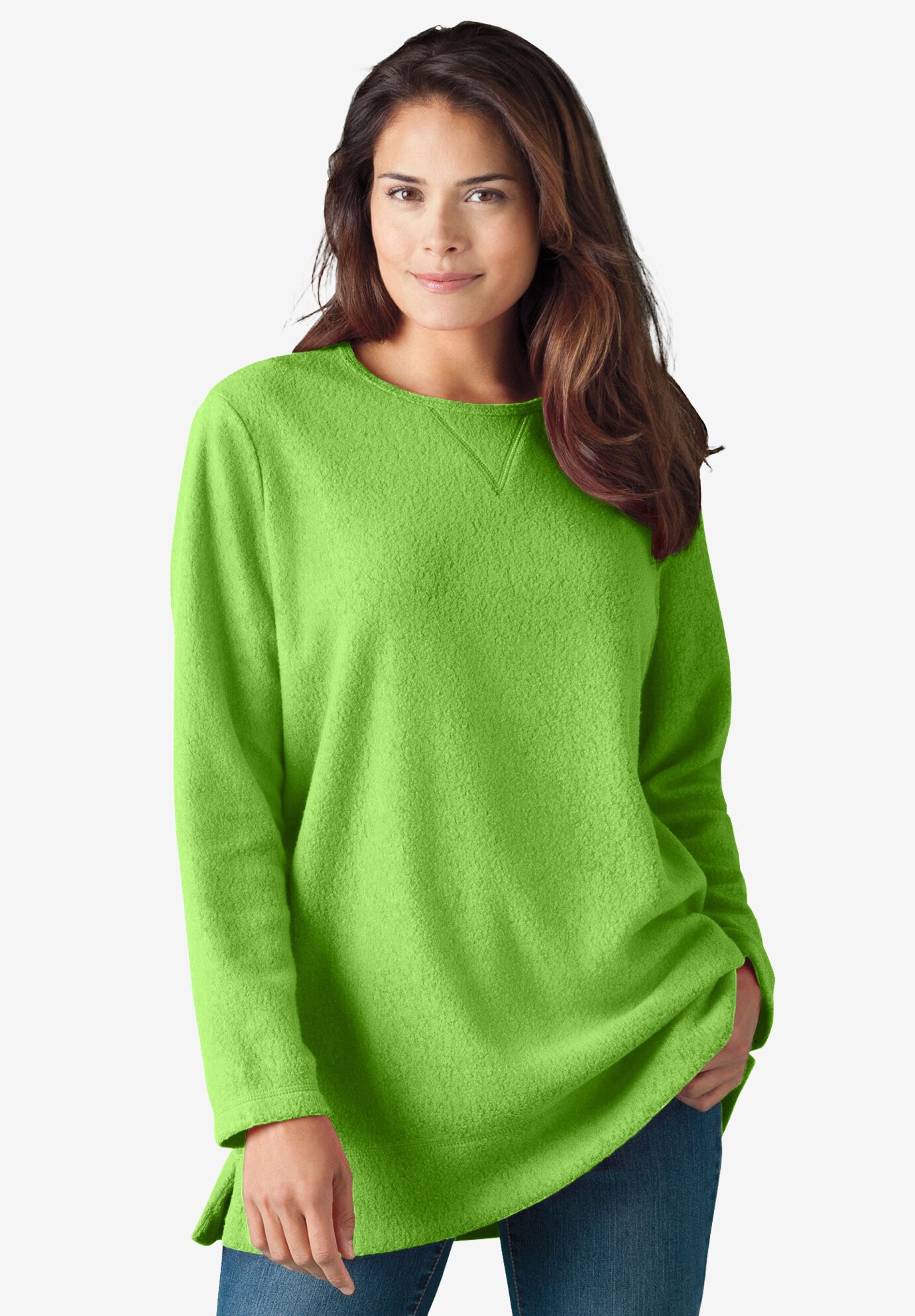 Cozy Sherpa Sweatshirt with Tunic Length Kiwi Woman Within