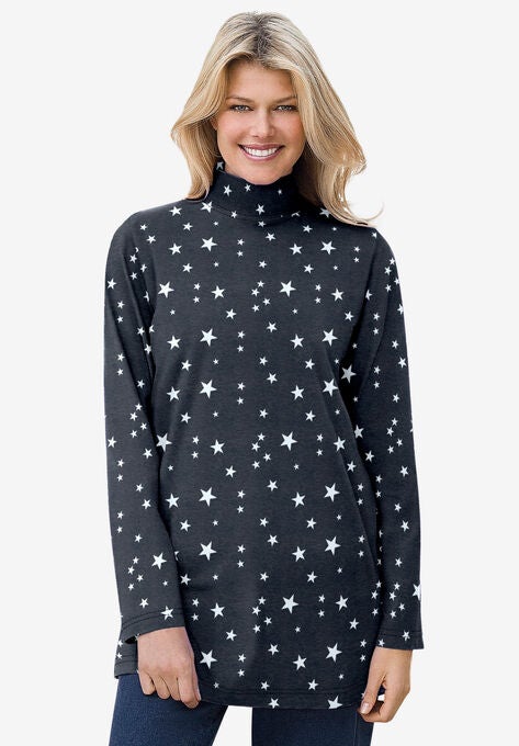 Mockneck Long-Sleeve Tunic, MEDIUM HEATHER GREY STARS, hi-res image number null