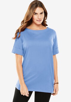Perfect Cuffed Elbow-Sleeve Boat-Neck Tee