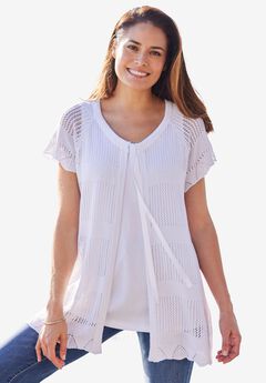 Tie-Neck Pointelle Cardigan Sweater